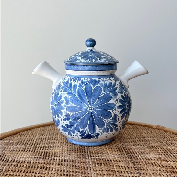 Vintage Other - Vintage Painted Floral Ceramic Jar Vessel Blue & White Decor